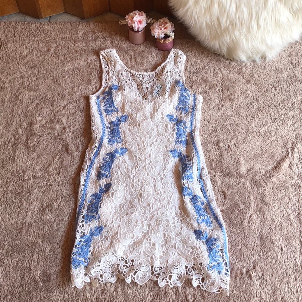 White and blue lace dress